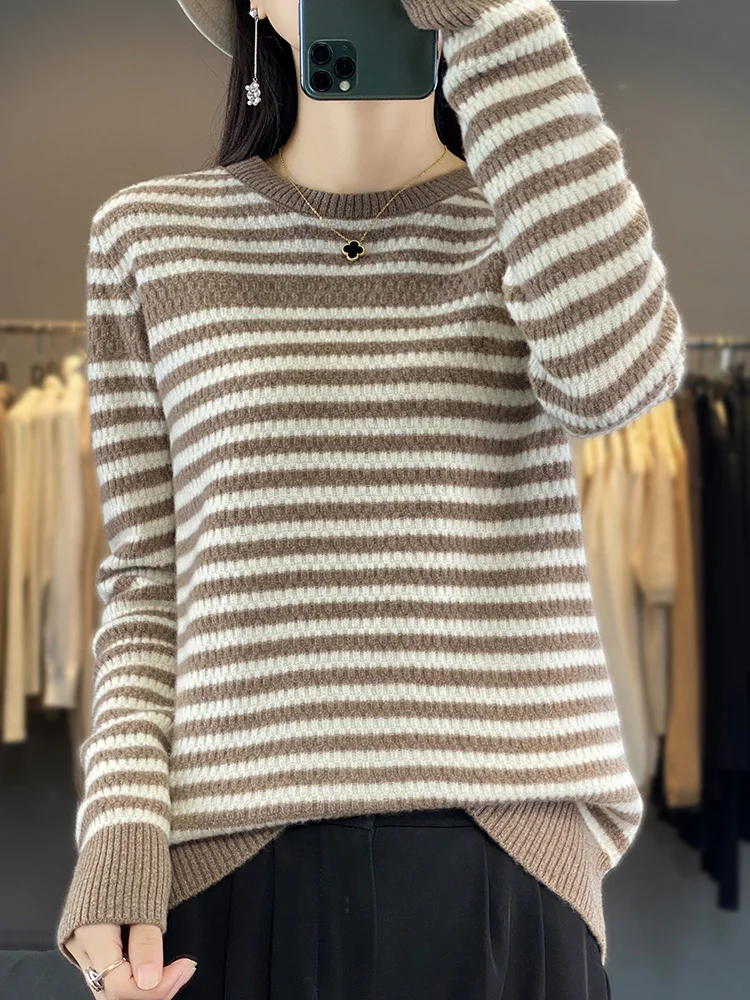 

Aliselect Women 100% Merino Wool Sweater Striped Long Sleeve Casual Loose Pullover Cashmere Knitwears Korean Fashion New Knit