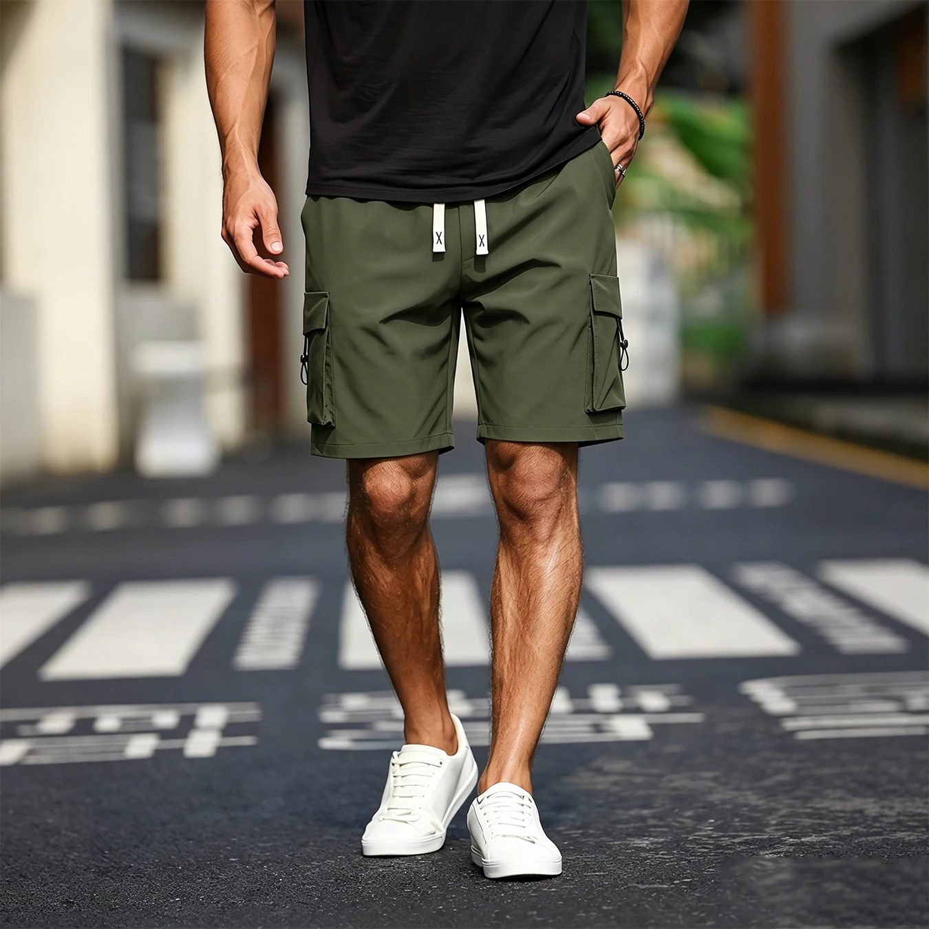 Leichte Cargo-Shorts für Herren, elastische Taille, Kordelzug, mehrere Taschen, atmungsaktiv, schnell trocknend, lässige Outdoor-Streetwear-Kurzhose
