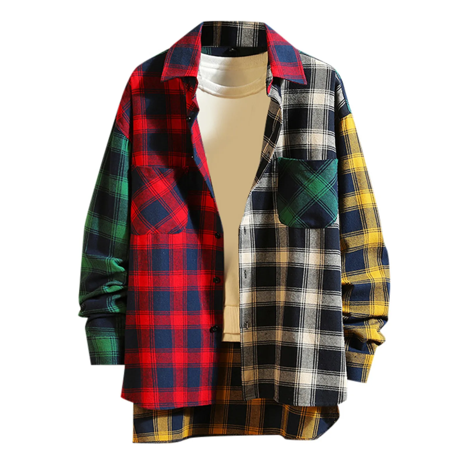 Men Streetwear Thick Shirts Men Clothing Harajuku Color Block Flannel Plaid Shirt Long Sleeve Male Vintage Fashions Korean Coats