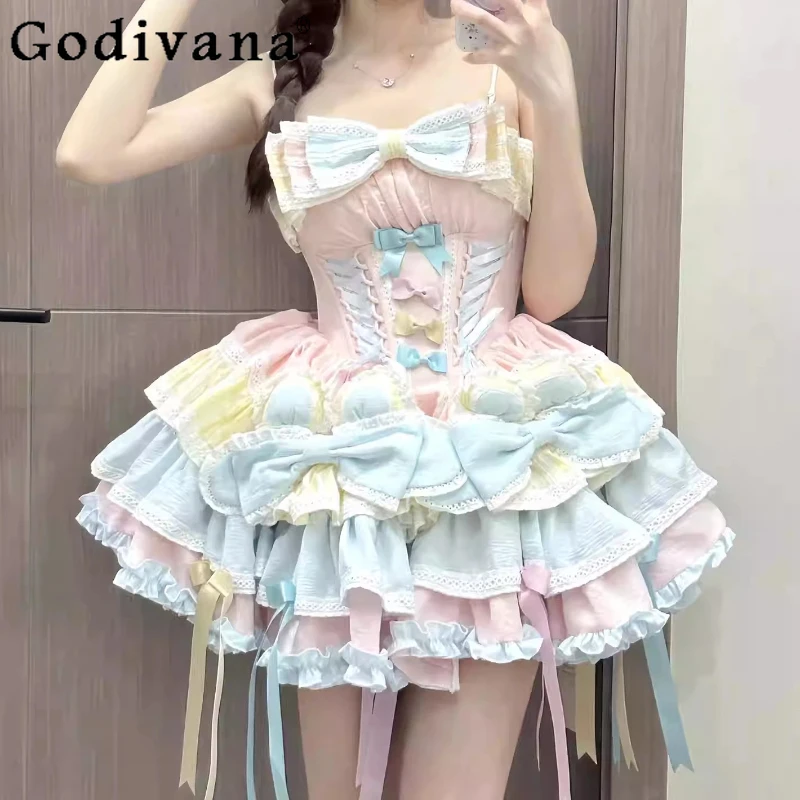 Gradual Change Pink Blue Sweet Bow Princess Lolita Dresses Lace Summer Girl High Waist A-line Versatile Age Reduction Cake Dress