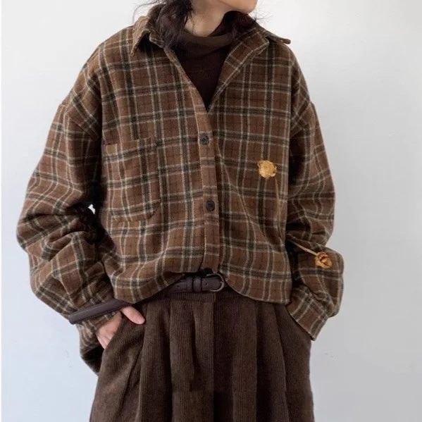 Spring Autumn Japan Vintage Plaid Cargo Shirt Men Korean Fashion Harajuku College Style Long Sleeve Casual Loose Shirt Tops