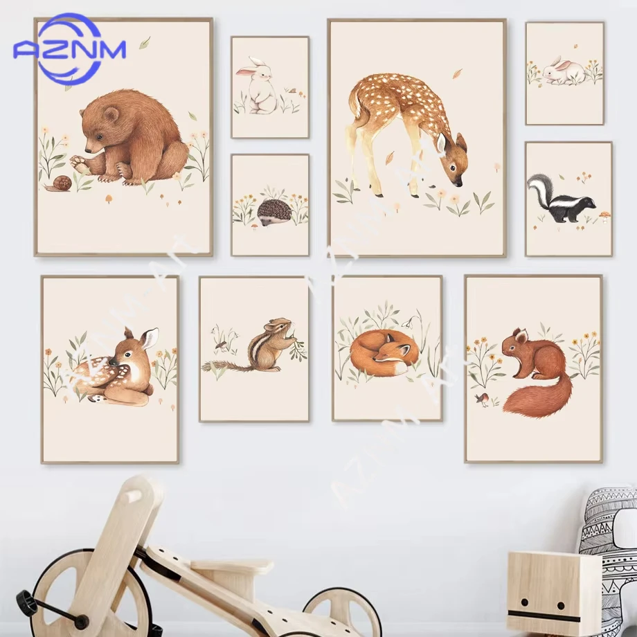 1 Stück, Waldtiere, Hirsch, Bär, Eichhörnchen, Fuchs, Igel, Kaninchen, Kinderzimmer, Wandkunst, Leinwand, Malerei, Poster, Druck, Bilder für Kinderzimmer