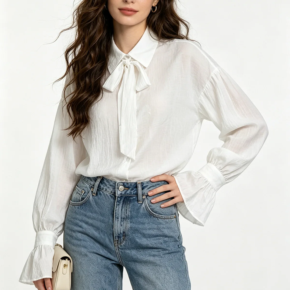 WXOY French Romance Crepe Tie Neck Blouse Women Elegant Puff Sleeve Chiffon Top Summer Casual Office Loose White Shirt