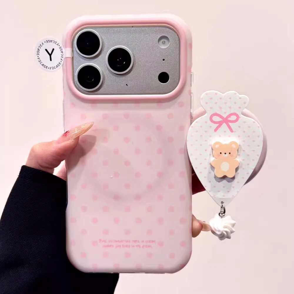 

Simple Pink Polka Dot Magnetic Shockproof Phone Case for iPhone 17pro 14 15 16 17 ProMax Wireless Charge Cute Cover for Magsafe