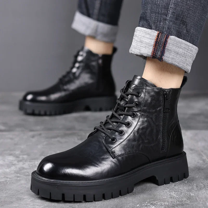 MEN Shoes 2023 High Quality Lace Up Zipper Men\'s Boots Winter Round Toe Solid Plush Warm Platform Water Proof Fashion Boots