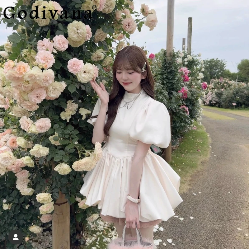 

Japanese Style Sweet High-waisted Satin Short Dress Summer 2025 Women's French Ballet Style Bubble Short-sleeved Princess Dress