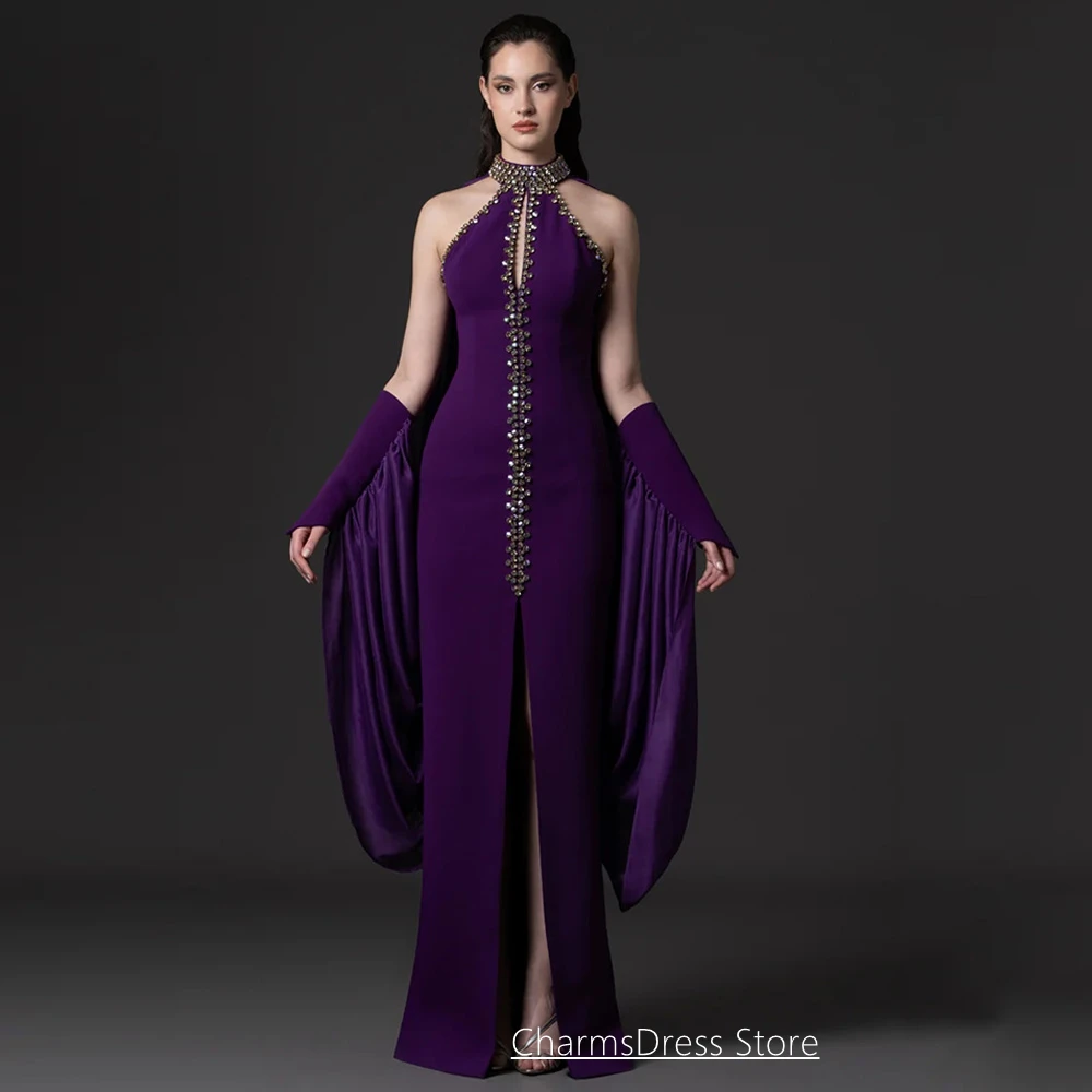 Einzigartiges Abendkleid für Damen Maßgeschneidertes Neckholder-Kleid mit Kristall-Strass Vorderschlitz Lila Ballkleid mit Stola Partykleider