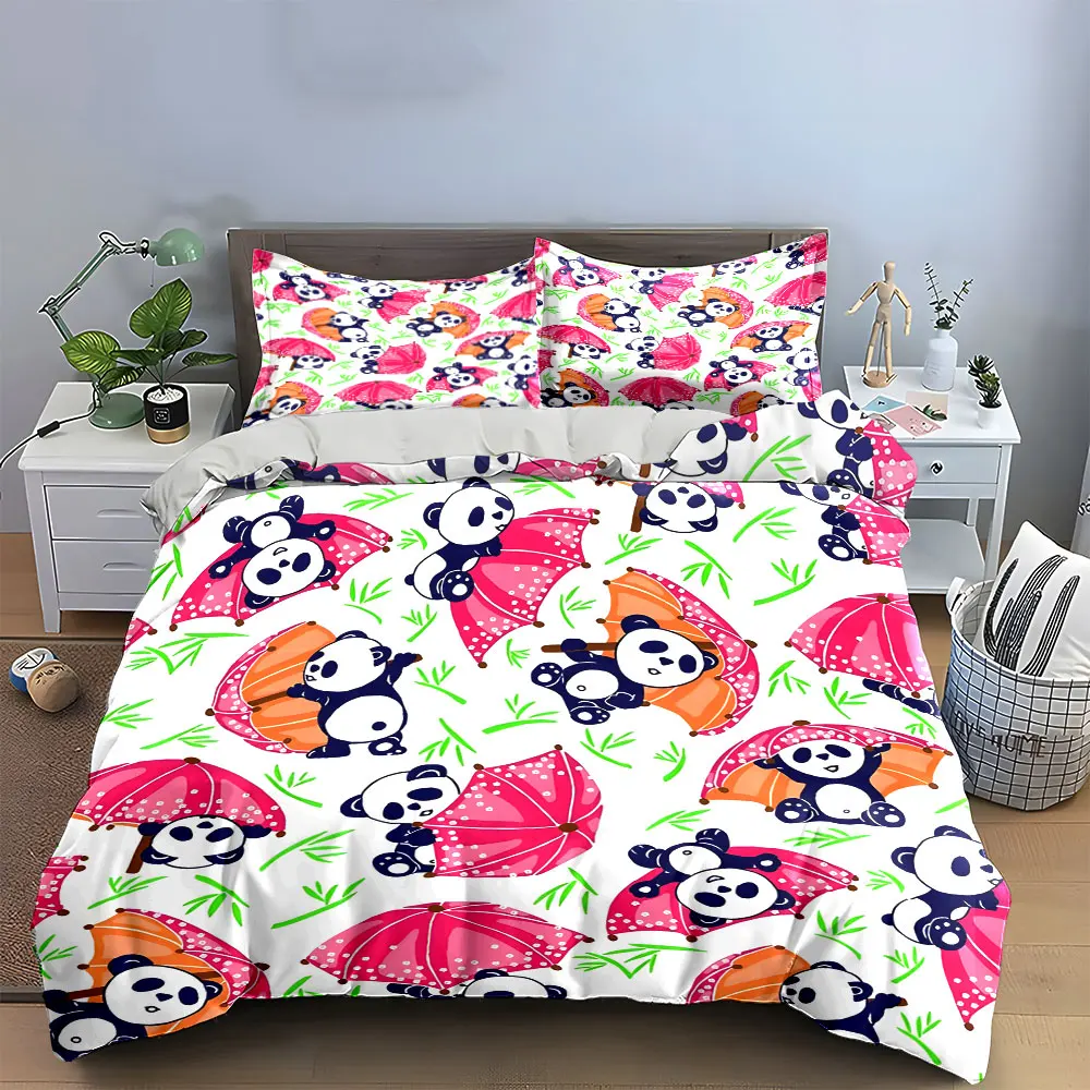 Cute Panda Umbrella Pattern Set Bedding Set with 1 Duvet Cover 2 Pillowcases Single Double King Queen, Gift