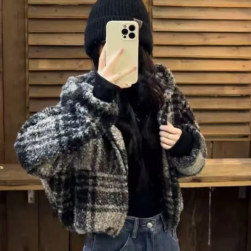 Veste à carreaux en fausse peau de mouton pour femmes, manteau court américain Vintage Street Harajuku Y2K, chaud d'automne à manches longues, vêtements d'extérieur Preppy décontractés