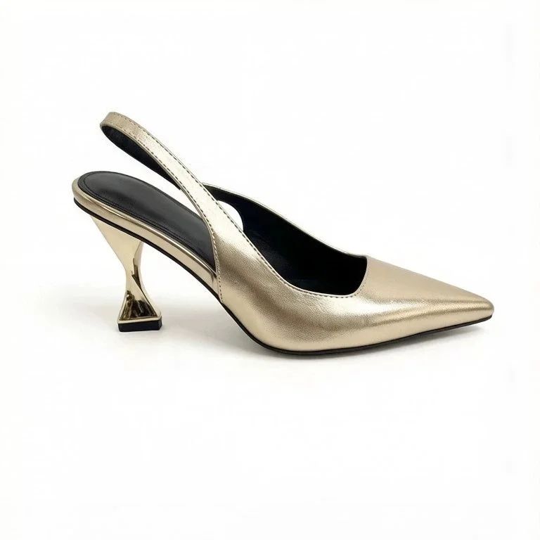 Women Metallic Gold Slingback Pumps Pointed Toe Unique Geometric Block Heel Back Strap Slip On Ladies Elegant Evening Shoes