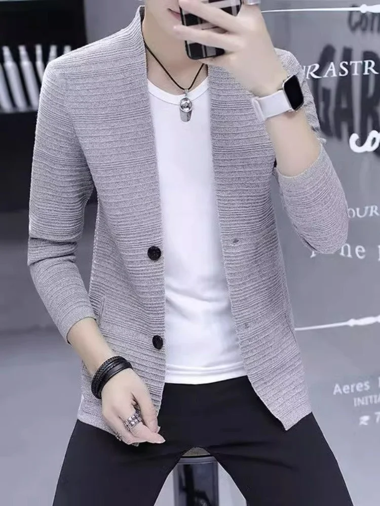 봄 가을 남성 니트 재킷 슬림핏 캐주얼 얇은 외투 브이넥 긴팔 패셔너블 탑 젊은 남성용