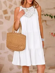 Women's Sexy Hollow Out Lace Patchwork Mini Dress 2024 New Summer White Black Halter Sleeveless Casual Loose Beach Dresses Femme