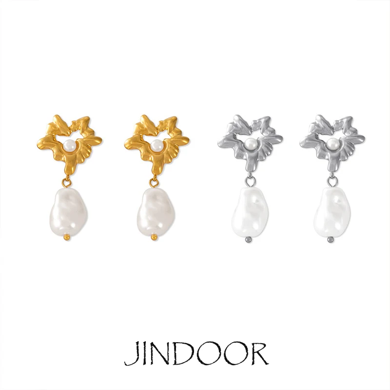 JINDOOR Titanium with 18K Gold Plated Shaped Heart Baroque Pearl Drop Earrings For Girls Vintage Trend Silver Earrings