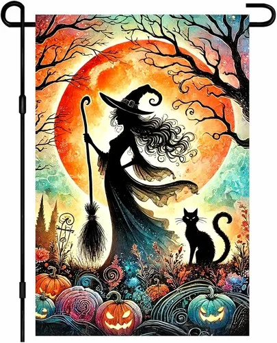 Halloween Garden Flag Witch Black Cat Broomstick Full Moon, 12x18 Inch XXQ