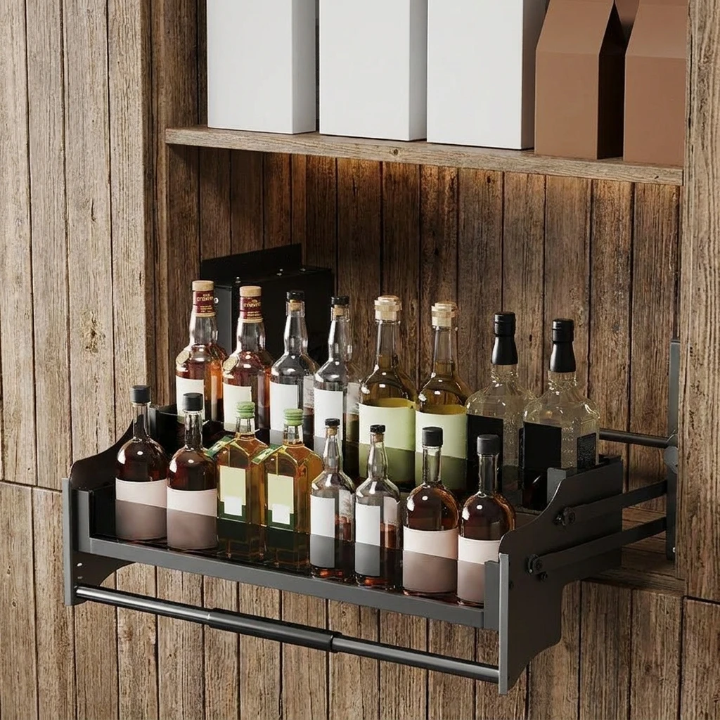 & Lift-Up Pull-Down Kitchen Cabinet Storage Basket Retractable Single-Tier Spice Rack Organizer for Upper Cabinets Space Saving