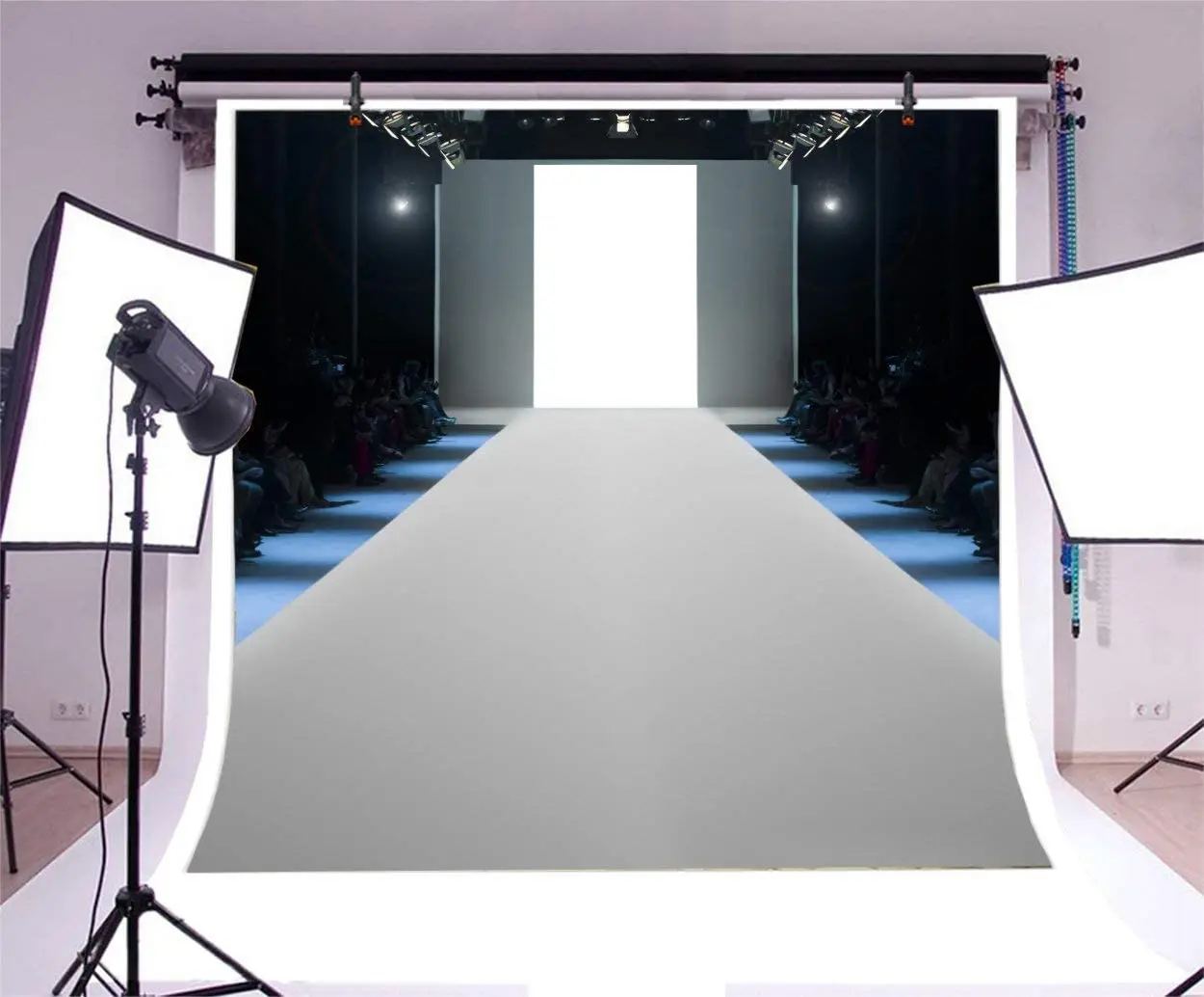 Runway Before A Fashion Show Photography Backdrop Open Entrance Door Spotlight Silver T Stage Catwalk Fashion Show Background