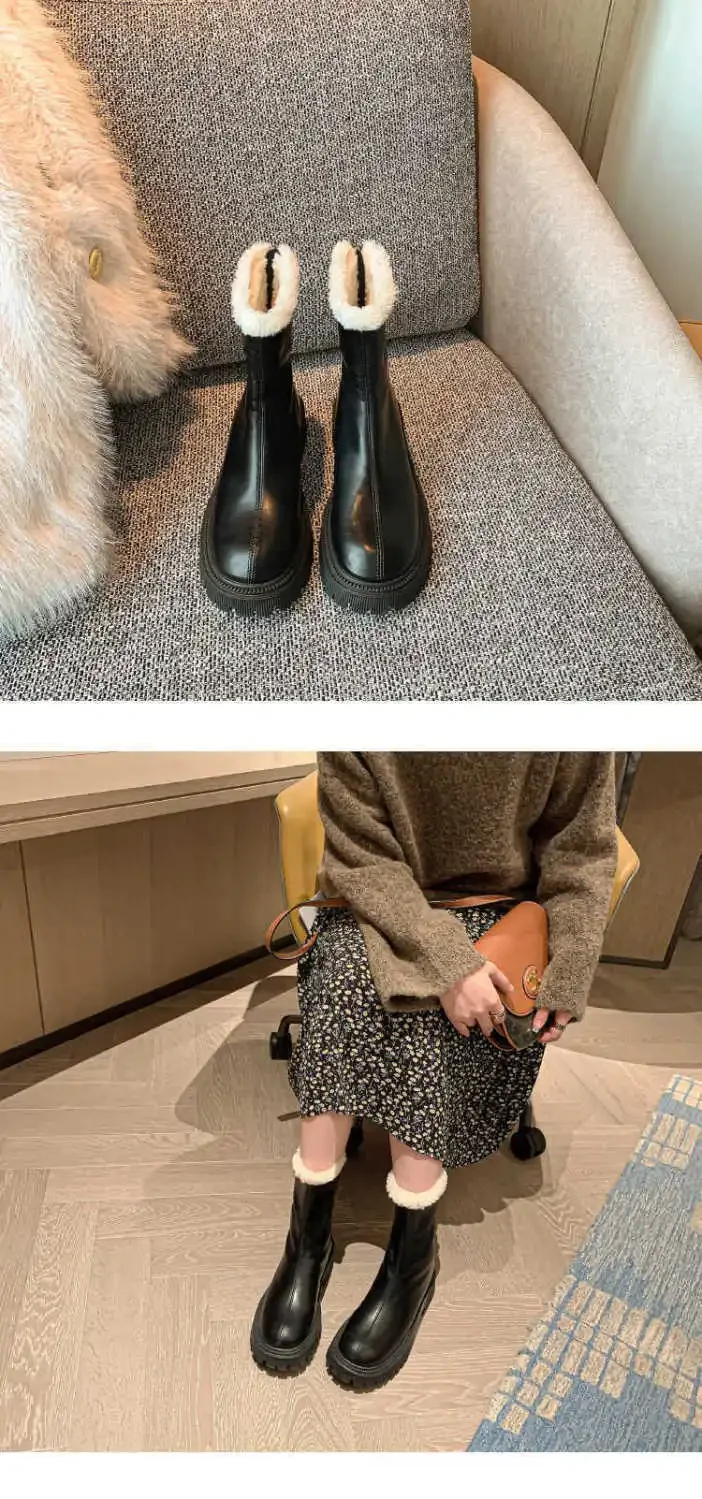 Größe 42 Herbst-Winter-Schneestiefel Warme Pelz-Damen-Stiefeletten Modische Elegante Schuhe mit Rückenreißverschlüssen Dicker Absatz Damen-Kurzstiefel – Detail 14