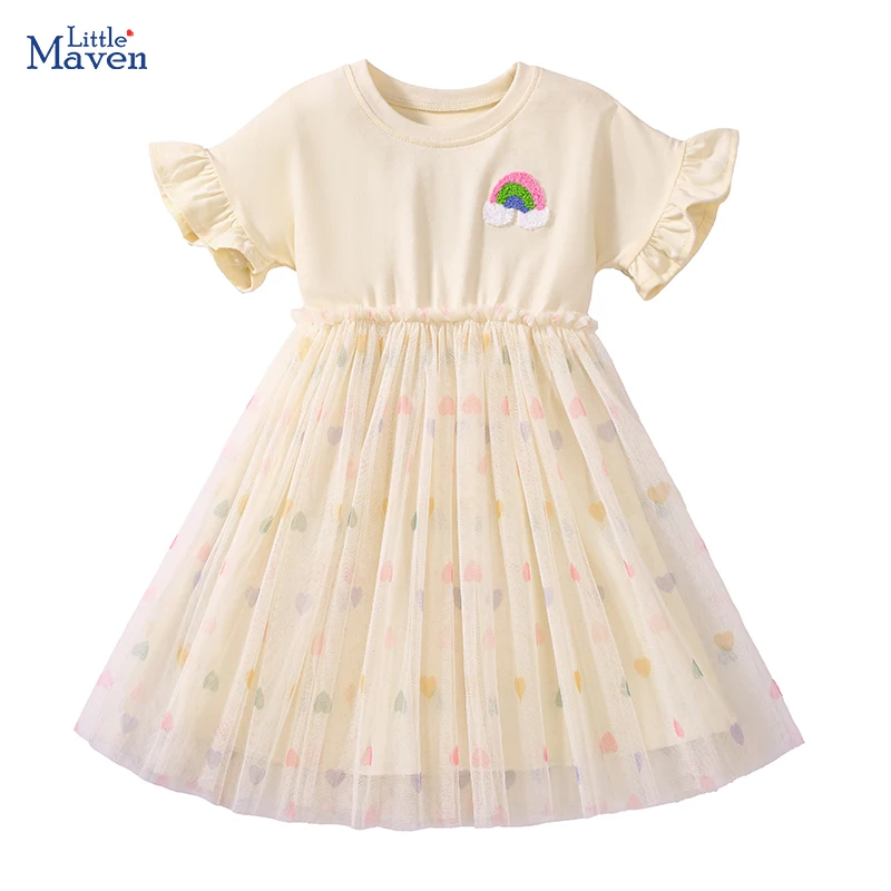 Little maven Summer Children's Clothing Cartoon Rainbow Embroidered Baby Girls Princess Dresses Ruffle Sleeve Mesh Party Dress