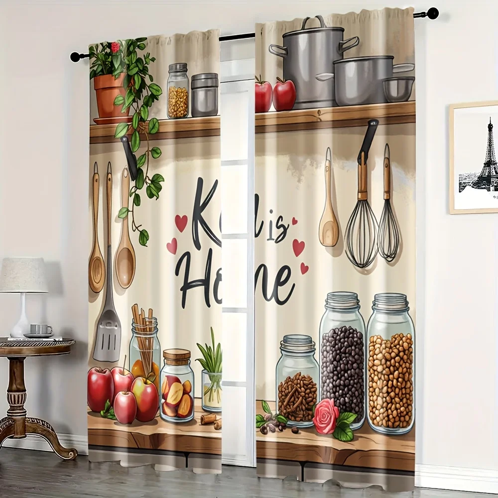Kitchen Decor Curtain Farmhouse Style Cooking Utensils Spices Home Kitchen Wall Art Window Curtain