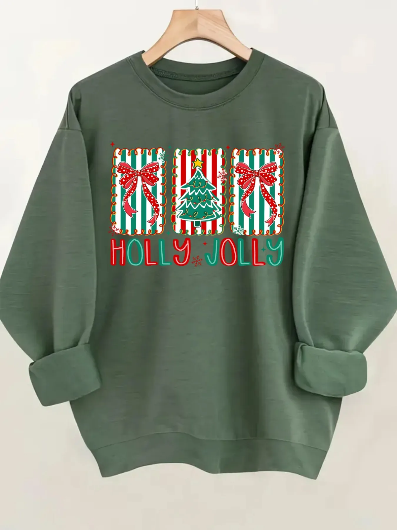 Women's Crew Neck Pullover Sweatshirt Holly Jolly Christmas Design, Soft Casual Long Sleeve, Daily Casual Top Outfit, Winter Women's Clothing, Thanksgiving Outfit
