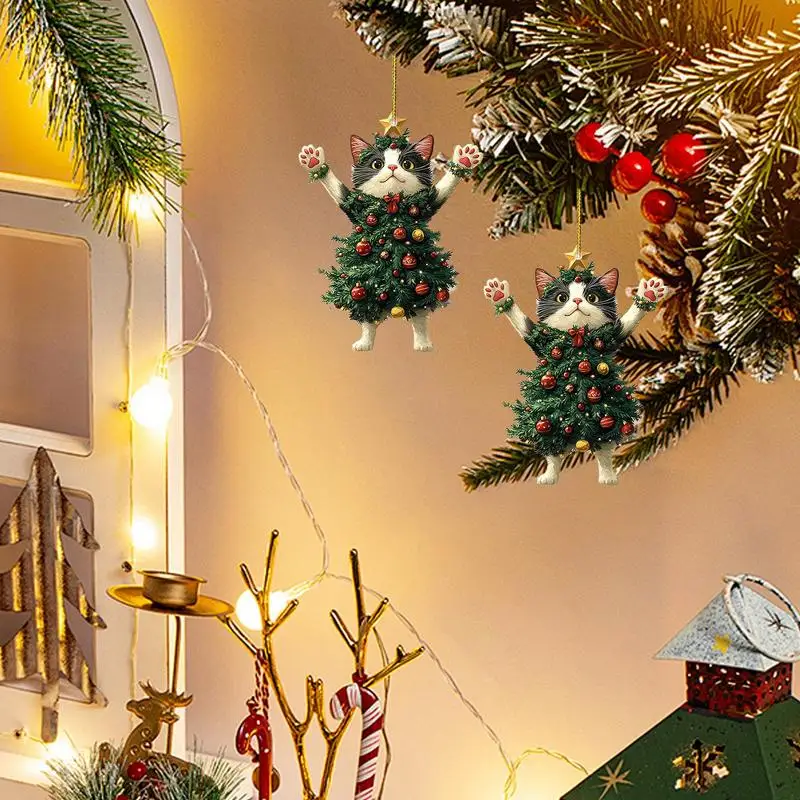 Christmas Cat Pendant Rearview Xmas Cat Charm Ornament Vehicle Rearview Kitten Pendant Accessories for Christmas Tree Home Decor