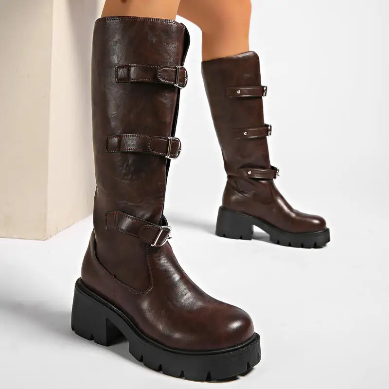 

Vintage Chunky Platform High Heel Knee High Boots Women 2025 Winter Thick Bottom Leather Long Boots Metal Buckle Woman Y2K Shoes