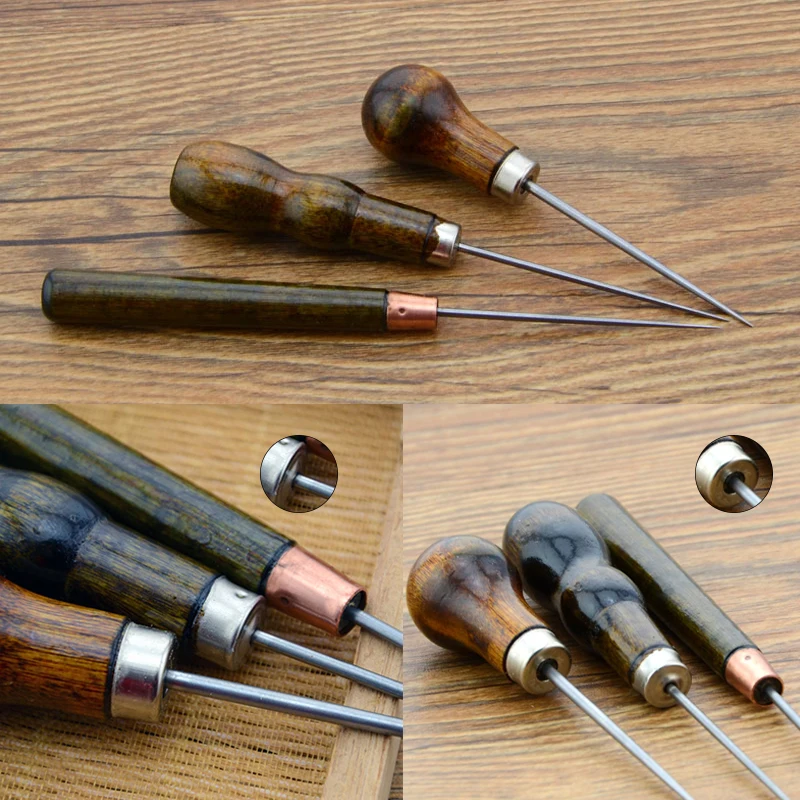 Wooden Handle Awl Punch Tool for DIY Leather Craft Sewing Awl Shoes Repair Tool Hand Stitcher Awl Pricker Hole Maker Accessories