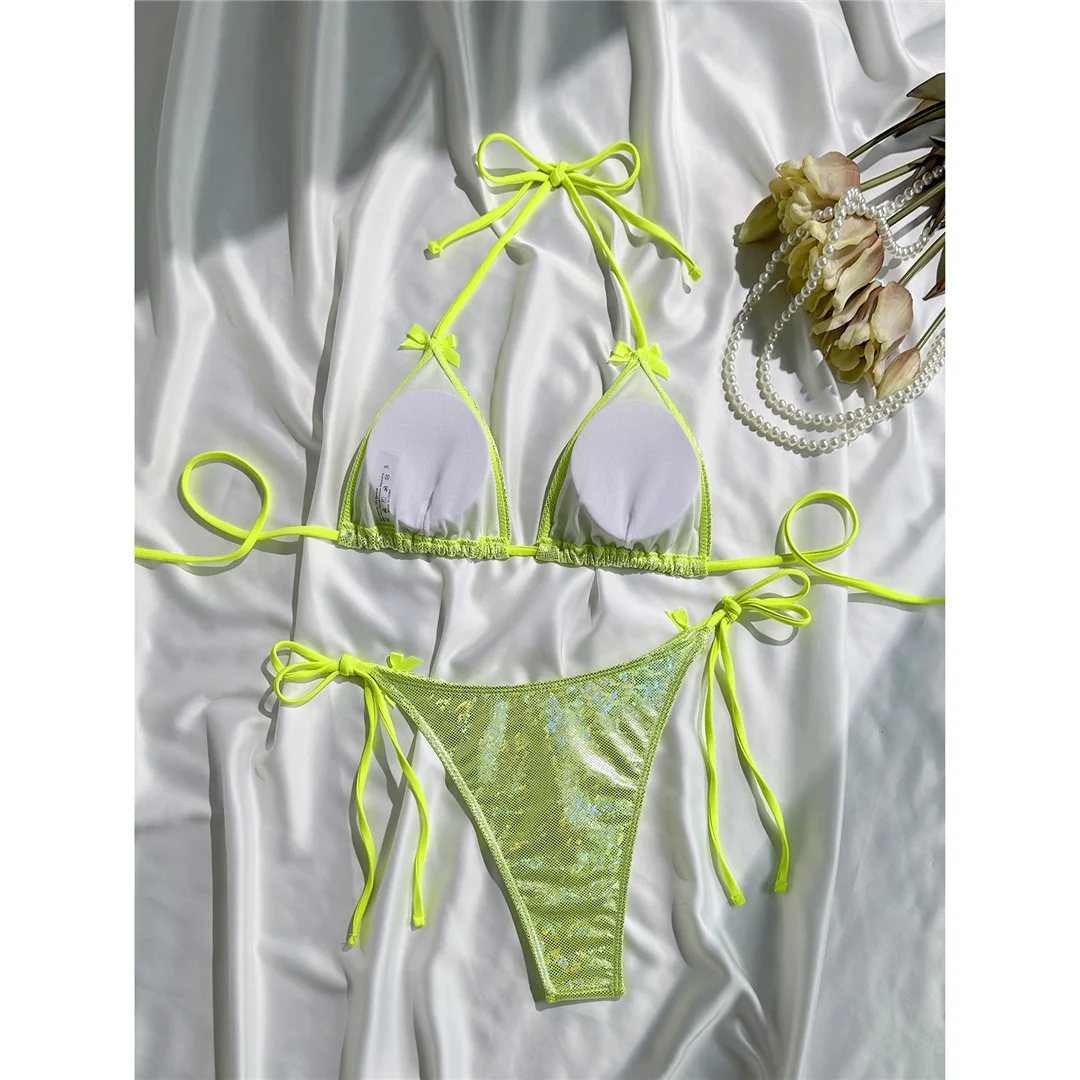 Glitzernder, funkelnder Neckholder-Bikini, Damen-Badebekleidung, zweiteiliger Bikini-Set, Badeanzug mit hohem Beinausschnitt, Badeanzug, Schwimmanzug V7269 – Detail 17