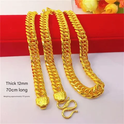 Electroplated 24K Vietnamese Sand Gold Dragon Pattern Necklace Thickened 6-8-10-12mm Double Buckle Side Chain for Fashion Jewelr