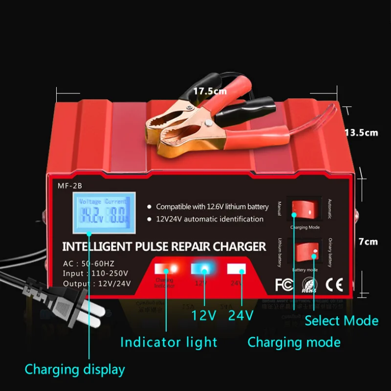2024 New! Automotive Battery Charger 12v24V Motorcycle Battery Charger Pure Copper Intelligent Pulse Repair