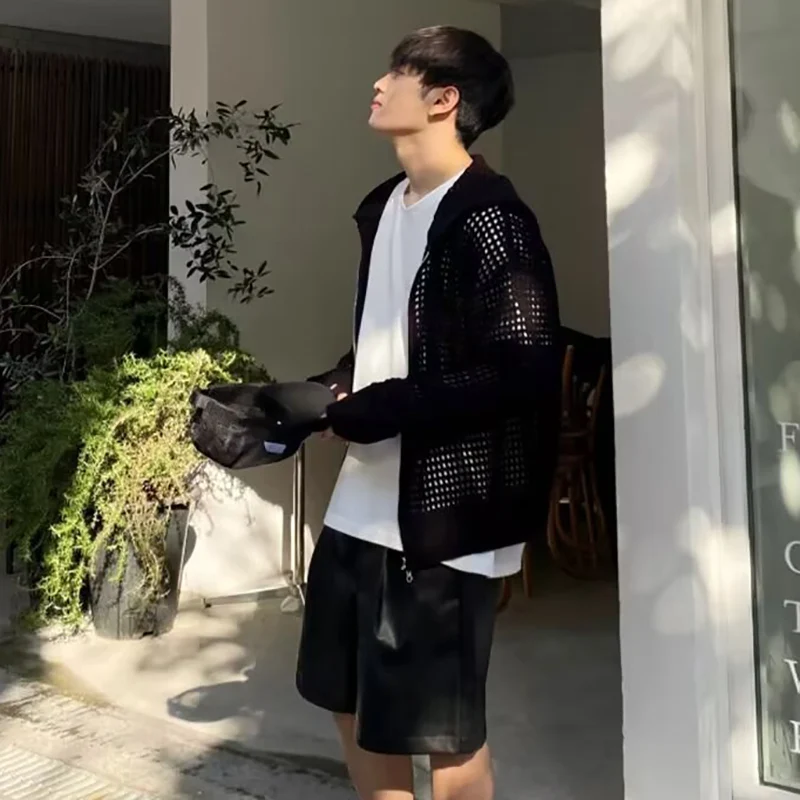 Nuevo cárdigan de verano para hombre, suéter transpirable con capucha hueca, Top de punto, moda de calle, traje ligero para parejas, chaquetas para hombre