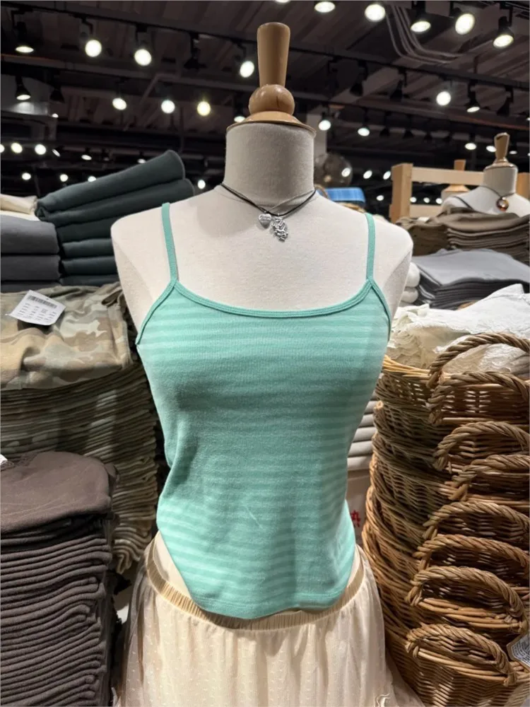Teal Striped Slim Cotton Camisole Women Summer Casual Simple Sleeveless Vests Female Sweet Vintage Preppy Style Tank Tops Y2K