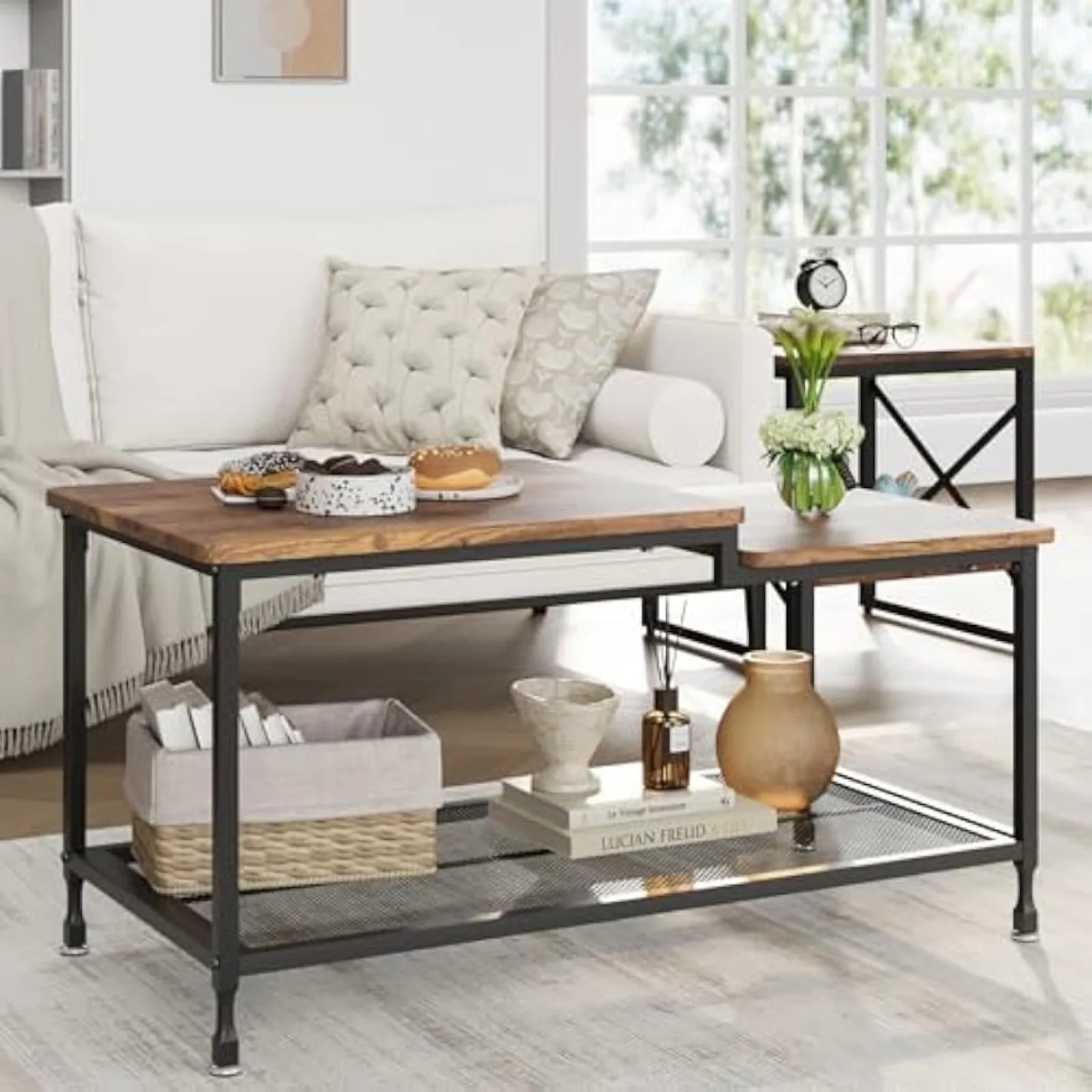 

US Industrial Coffee 2-Rustic Center Living Room with Mesh Shelf Rectangle Storage Cocktail Metal