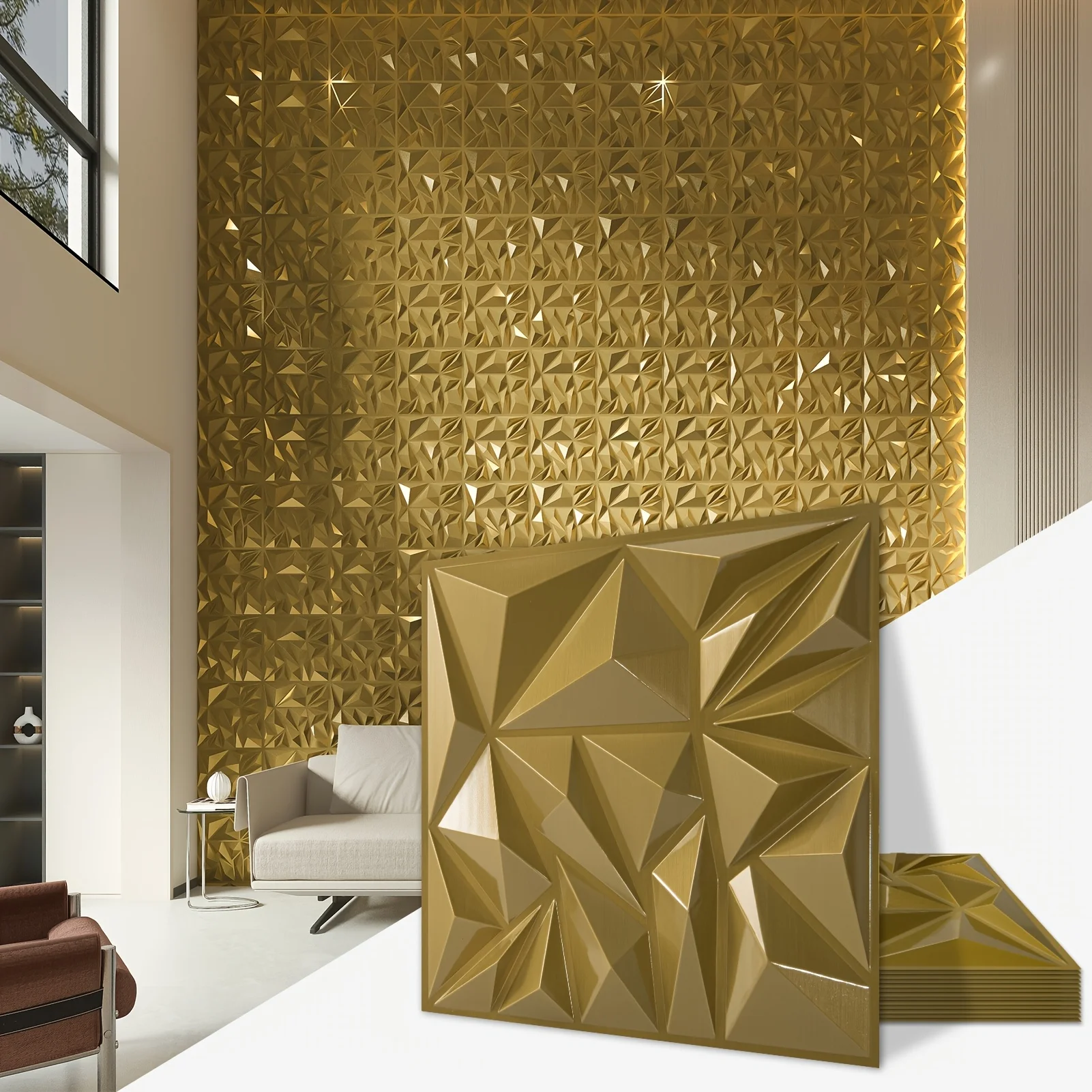

33pcs 3D Wall Panels for Interior Wall Decor Home, Office And Commercial Spaces, 12 X 12 Inch White Modern Diamond Textured Accent Wall Paneling for Living Room TV Wall Background, Golden