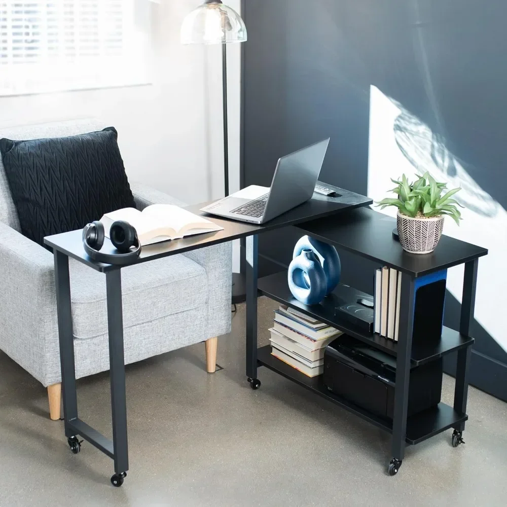 Swivel Out Sofa Table With Storage, Mobile Side Table For Couch, 3-Tier Shelves, Rolling Laptop Desk, L-Shape Or Rectangula
