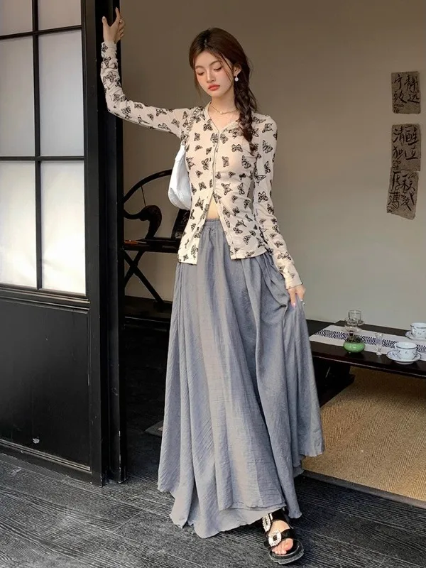 High Waist A-Line Midi Skirt Women's Spring Autumn Winter New Small Size Cotton Linen Full Skirt Korean Style Commute Dress