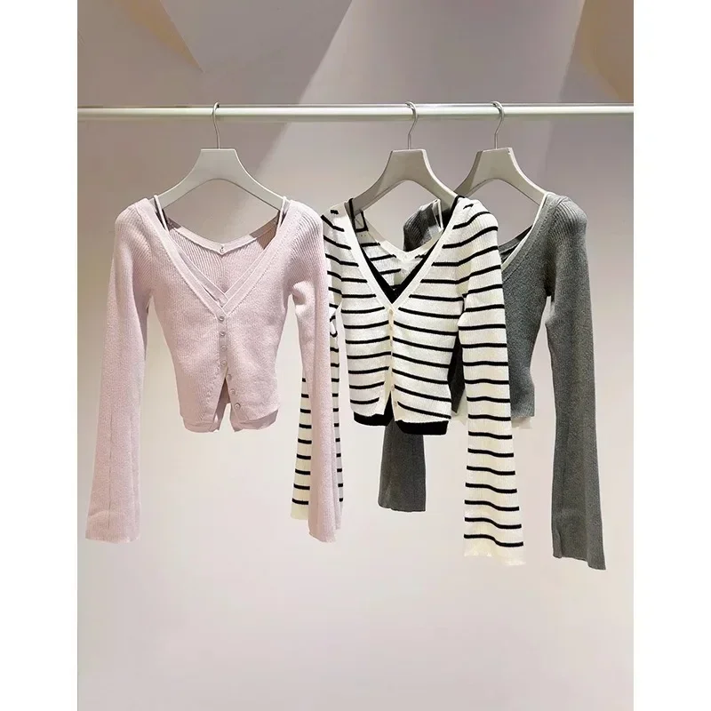 V-neck Long Sleeve 2024 Woman Cardigan Fake Two Piece Ropa Mujer Japanese Outerwears Autumn Sweater New Split Cardigans