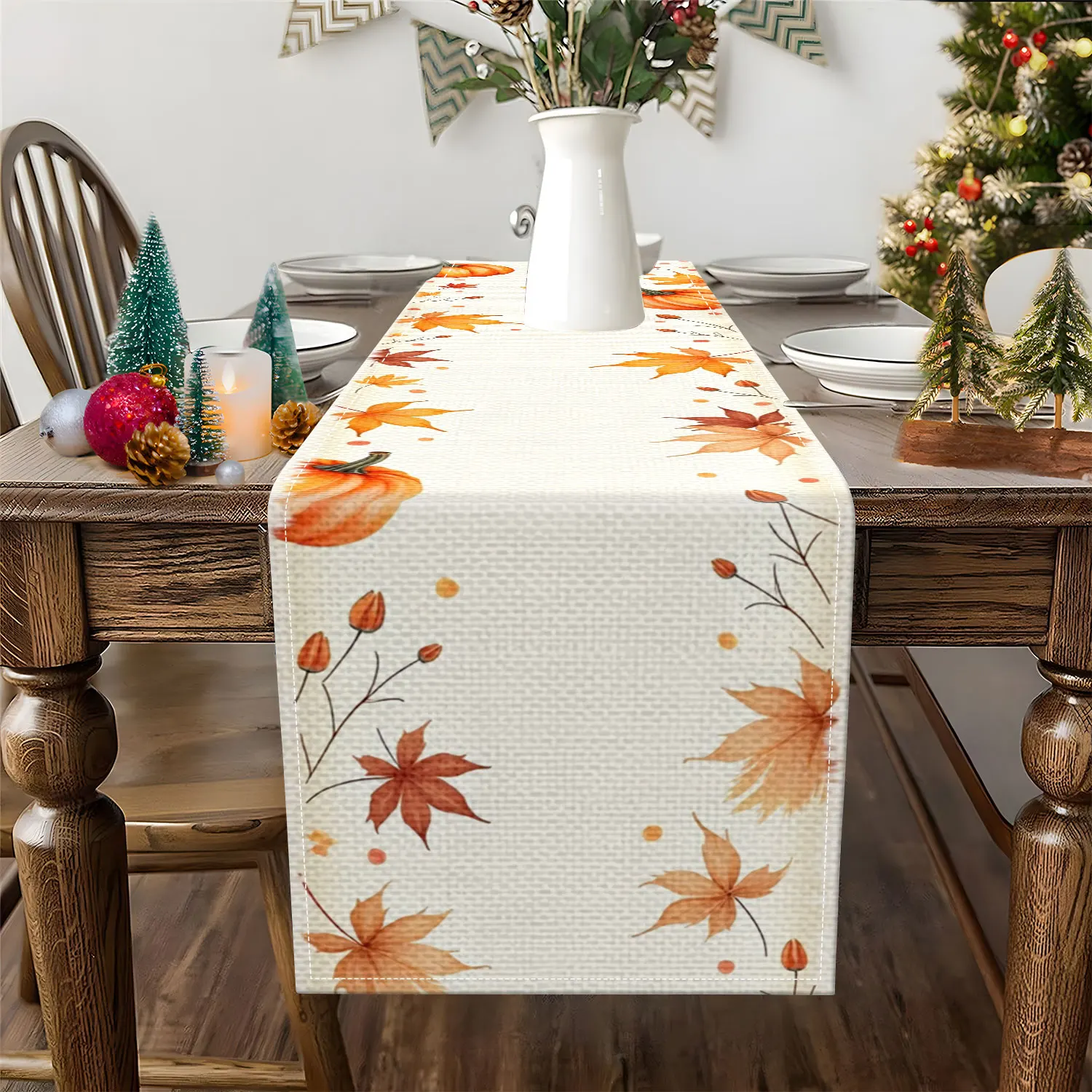 1 Piece of Pumpkin and Autumn Leaf Themed Table Runner, Featuring a Pumpkin and Autumn Leaf Pattern, Suitable for Country-Style Homes, Autumn Harvest Parties, and Table Decoration Scenes.