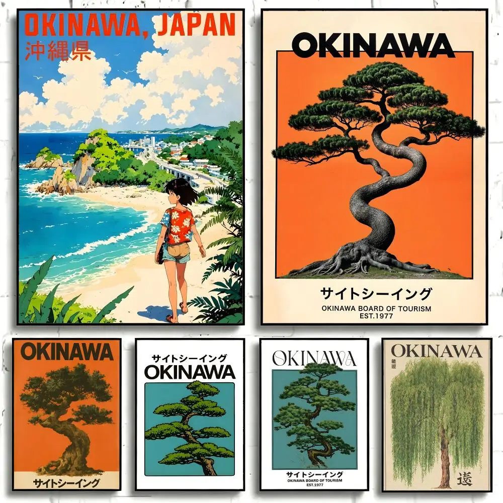Retro Okinawa Travel Iconic Trees Poster Self-adhesive Art Waterproof Paper Sticker Coffee House Bar Room Wall Decor