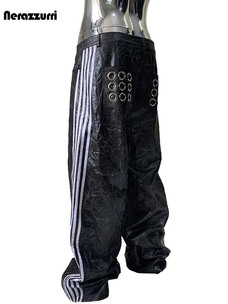 Nerazzurri Autumn Long Black PU Leather Wide Leg Pants for Mens with Side Stripes Holes Emo Streetwear Hollow Out Back Pockets
