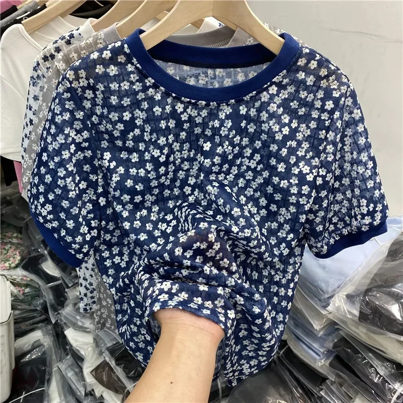 Floral Lace O-neck Short-sleeved Women Summer Slim Casual All Match Female Pulls Top 2022 Leisure Korean Style Holiday Streetwea