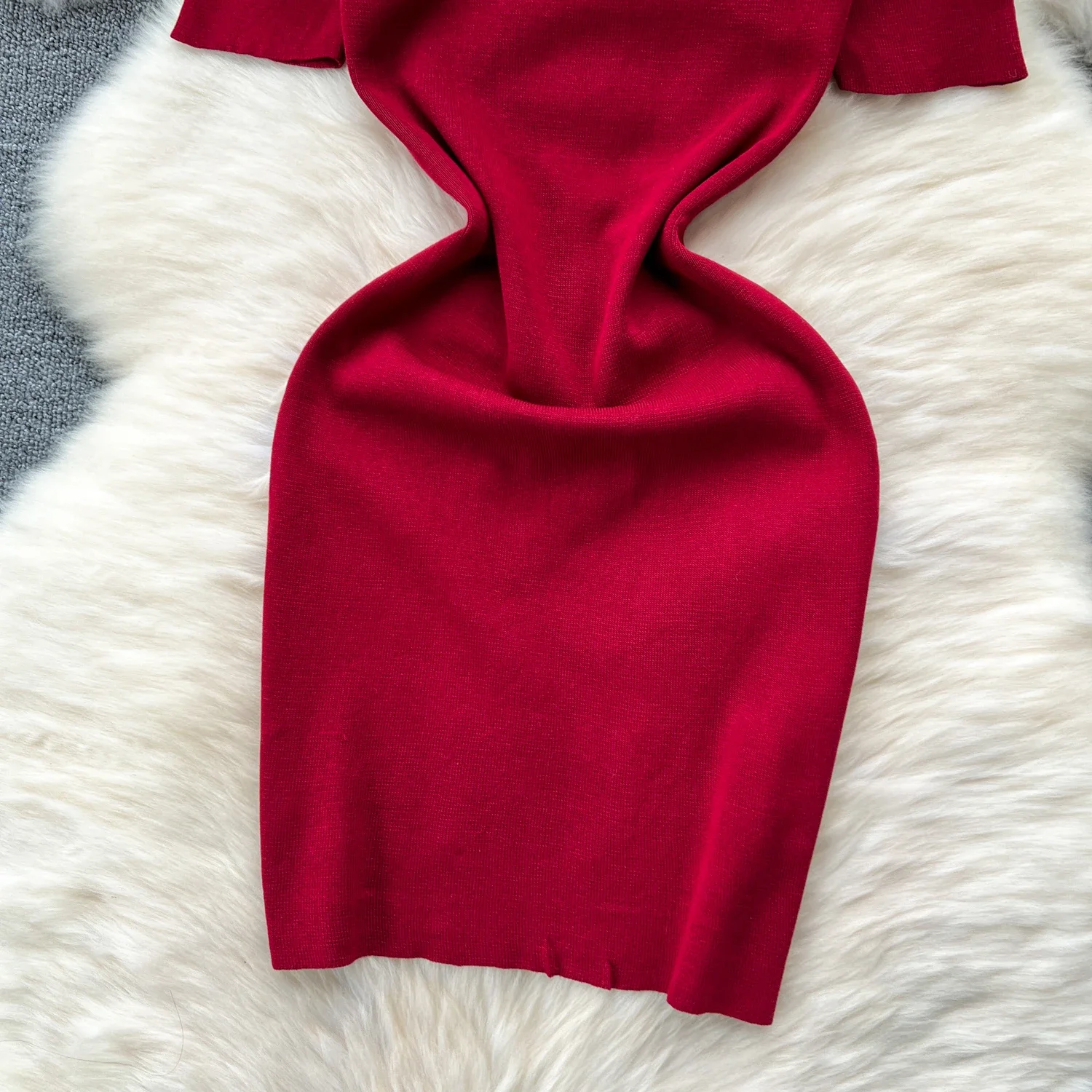 Red Beading Summer Women's Knitting Sheath Short  Dress Female Bodycon Knitted Short Sleeve Mini Dresses For Woman Outfits