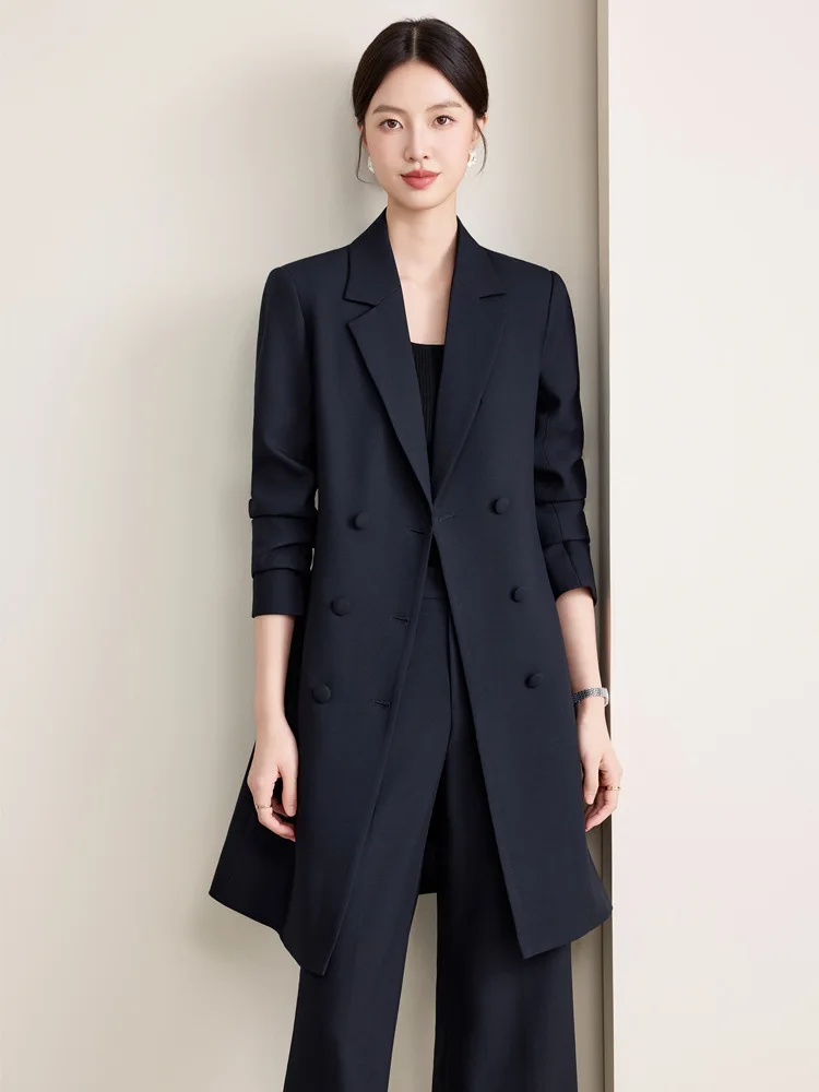 

Navy blue mid-length women's blazer for spring and autumn, elegant double-breasted formal business suit two-piece set