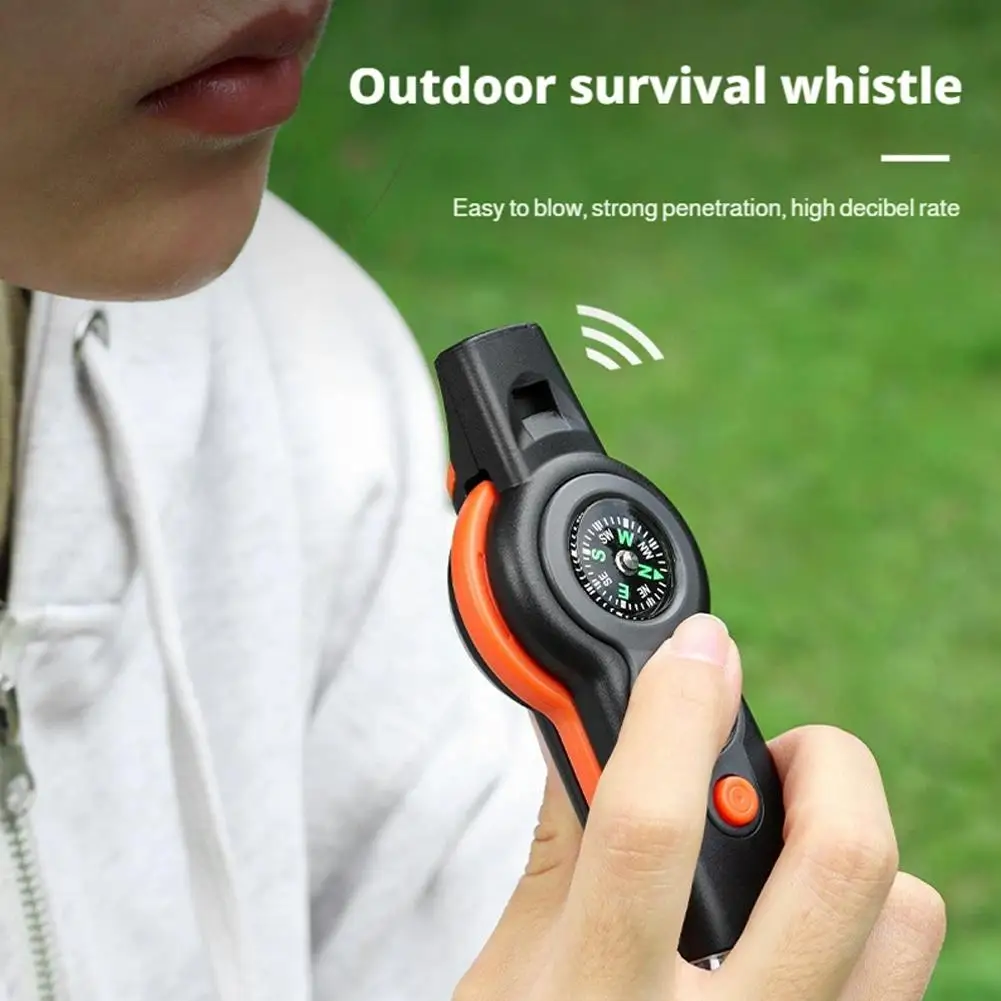 7-in-1 Multifunction Survival Whistle Emergency Tools Camping Hiking Rescue Emergency Loud Whistle Compass Thermometer Magnifier