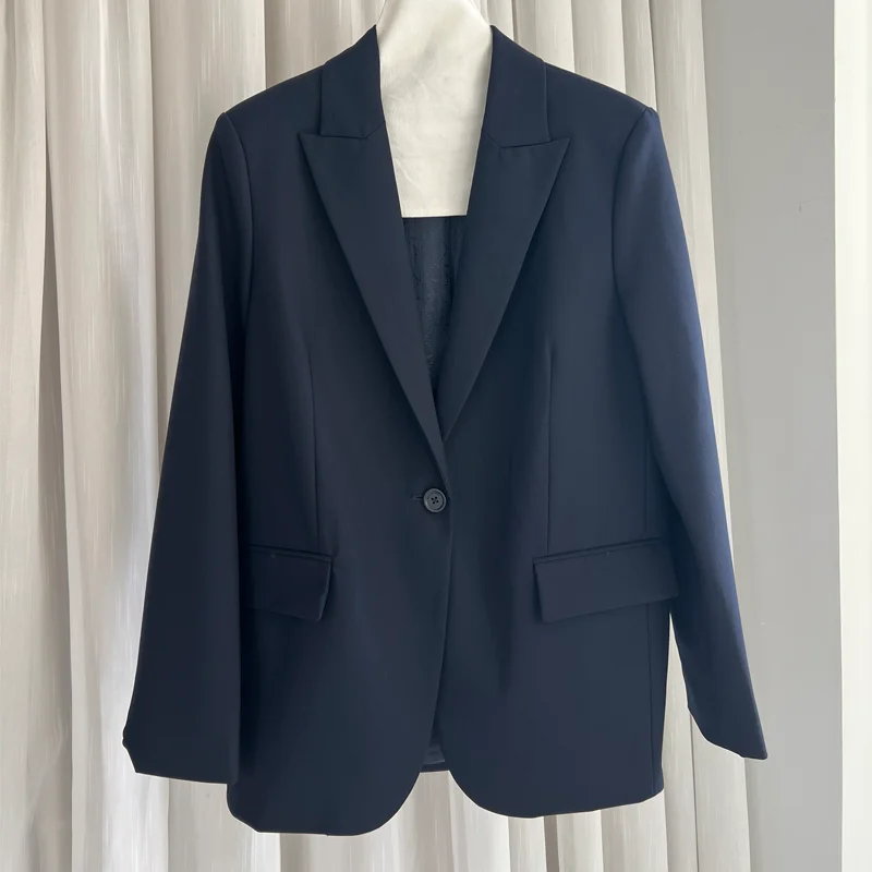 الأزرق الداكن الدعاوى النساء عارضة الصلبة الحلل السيدات التلبيب معطف طويل الأكمام جيب قمم الإناث السترة زر جيب معاطف