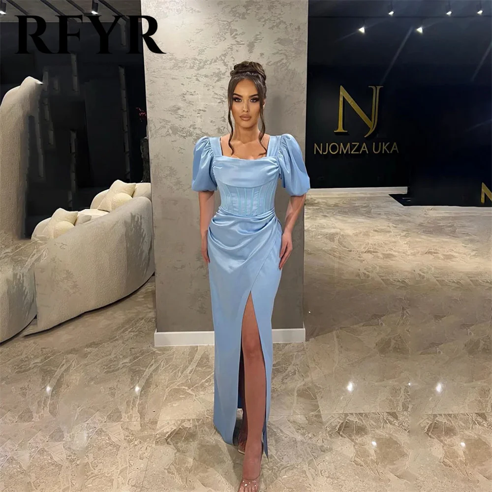 

RFYR Sky Blue Evening Dresses Sexy Mermaid 2024 Gala Dress Puffy Sleeve Robe De Soirée High Split Prom Gowns with Side Split