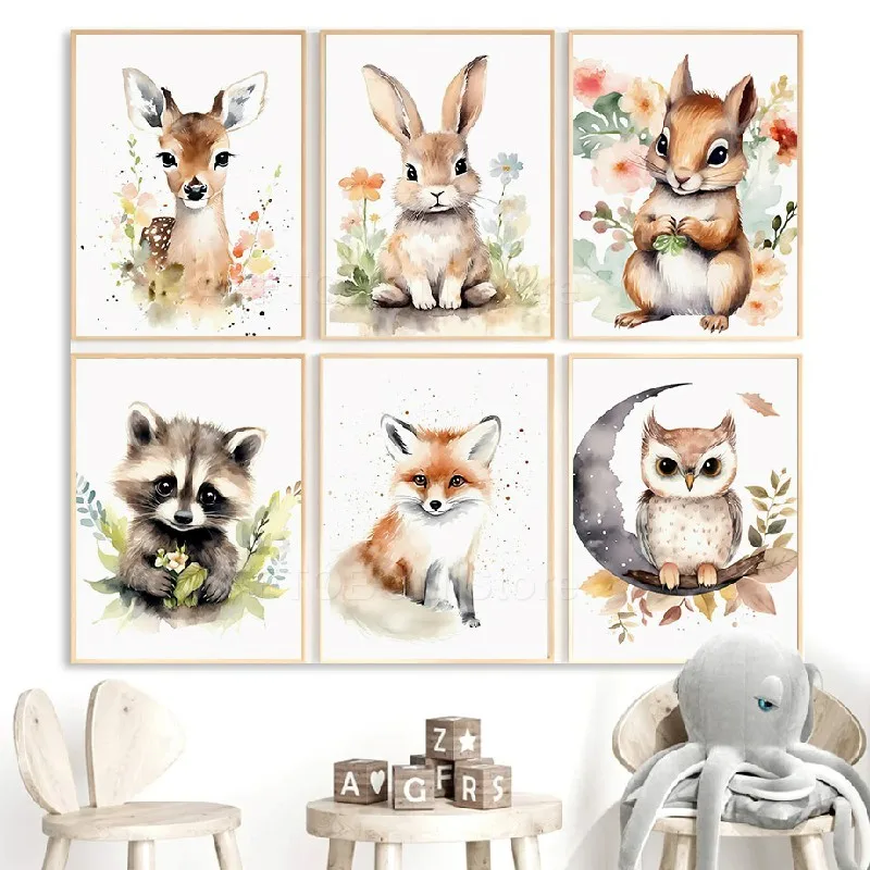 Watercolor Rabbit Fox Raccoon Owl Deer Squirrel Animal Posters And Prints Wall Art Canvas Painting Pictures Baby Kids Room Decor