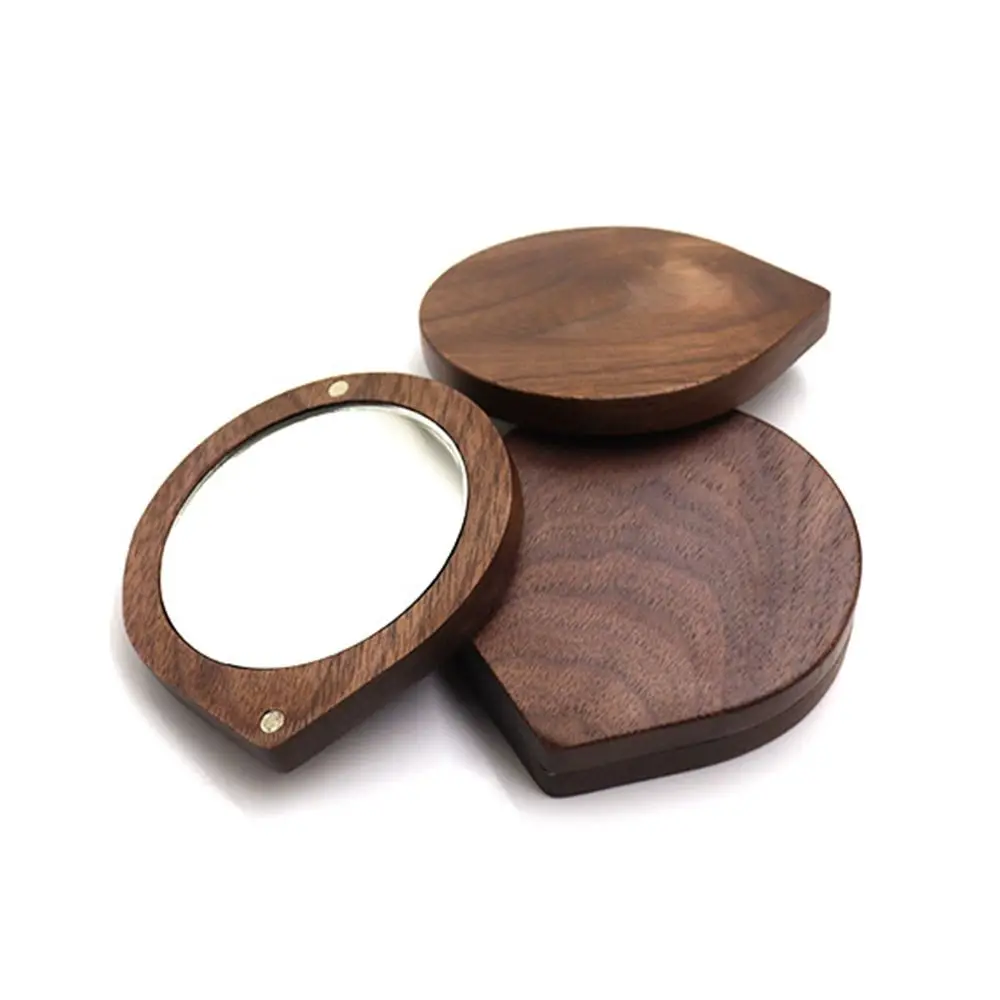 

Black Walnut Wood Round Rotating Makeup Mirror Handheld Magnetic Closure Compact Pocket Mirror for Women Beauty Gift