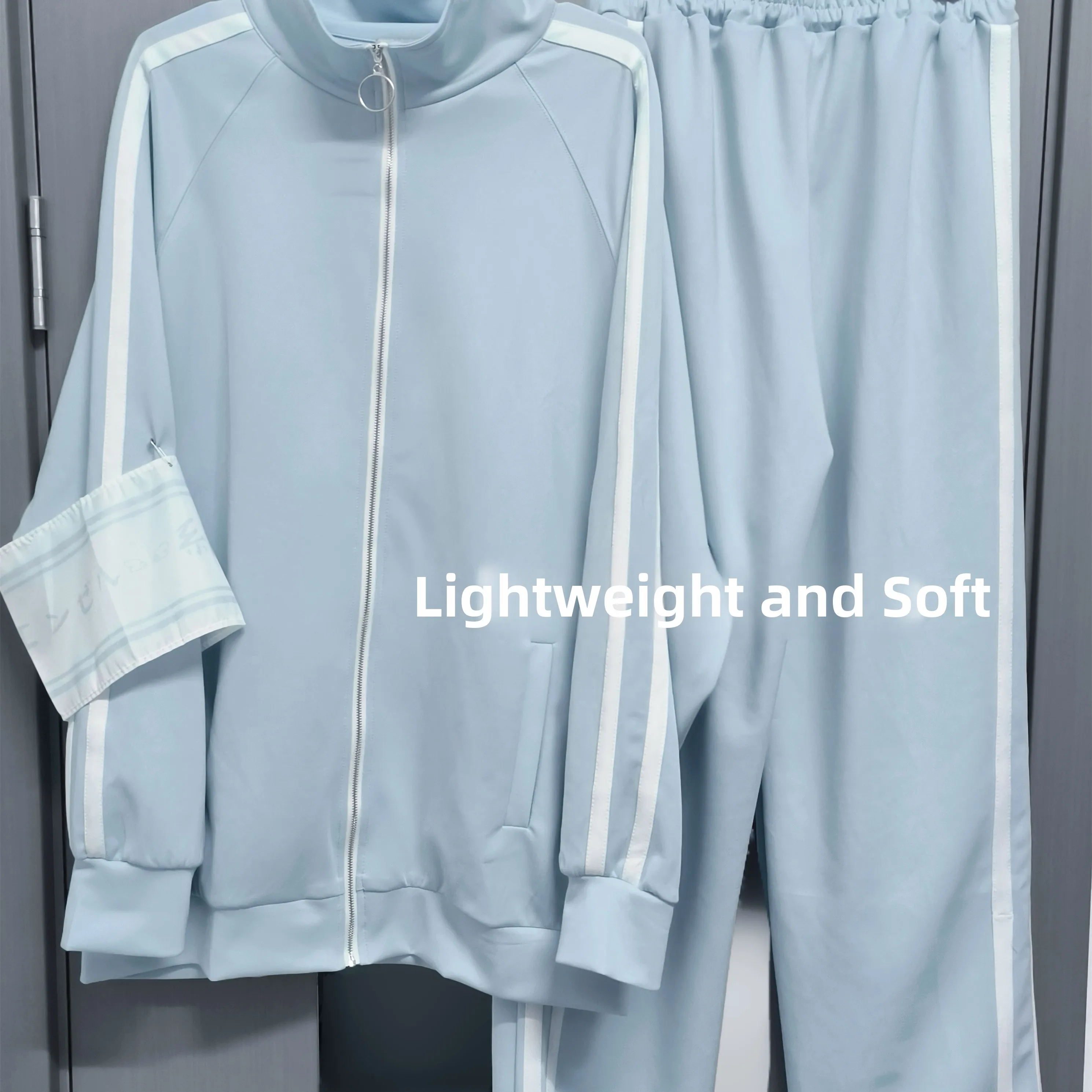 Fuwafuwa Lightweight Sportswear Set Cute Daily Outfit Light Blue Water Color Two Bars Long Sleeve Short Length Loose Fit Poly...