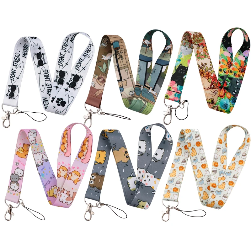 Cute Kitten Cats Art Cartoon Anime Fashion Lanyards Bus ID Name Work Card Holder Accessories Decorations Kids Gifts